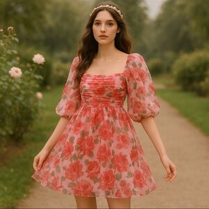 Thirty/Thirty Pink Rosen Print Babydoll Mini Dress